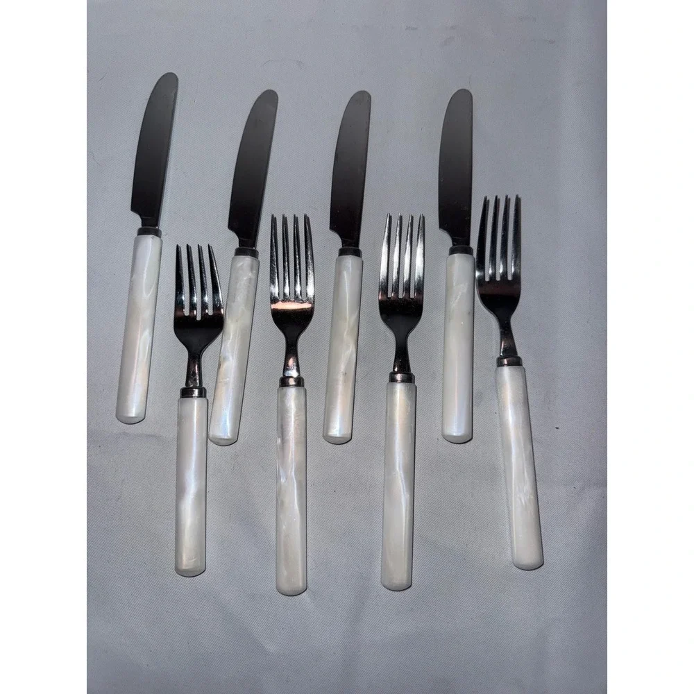 Vintage 8pc Flatware Set Stainless Japan Faux Mother of Pearl White Iridescent